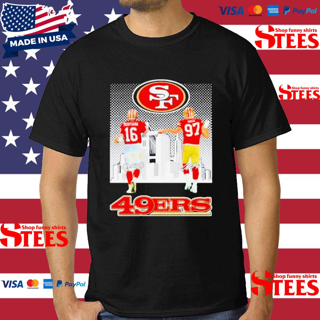 Official San francisco 49ers Joe Montana and nick bosa city skyline  signatures T-shirt, hoodie, tank top, sweater and long sleeve t-shirt