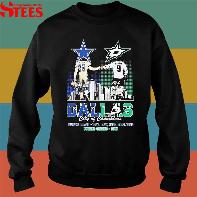 Dallas city of champions Emmitt Smith 22 Mike Modano 9 player signature  skyline city sport poster shirt, hoodie, sweater, long sleeve and tank top