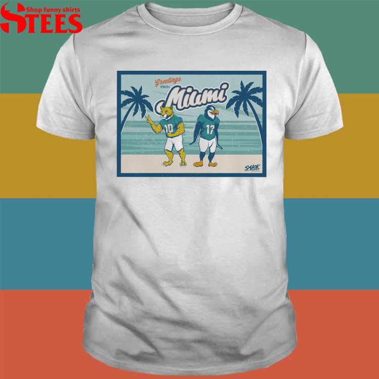 Smack Apparel Greetings from Miami (Cheetah/Penguin) Postcard T-Shirt for Miami Football Fans (SM-5XL) Soft Style Short Sleeve / Large / White