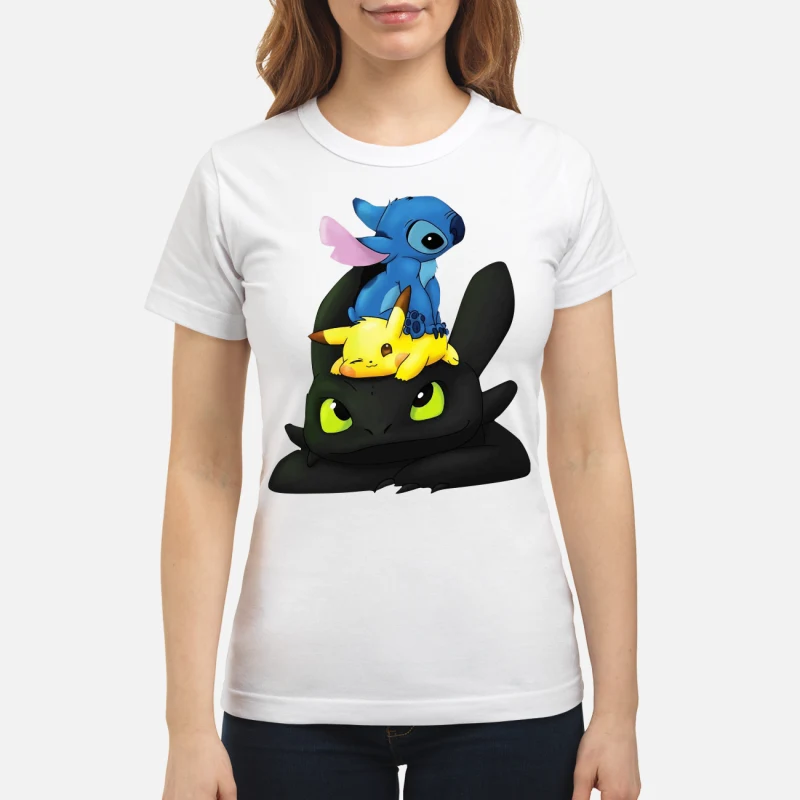 Stitch, Pikachu and Toothless ladies tee